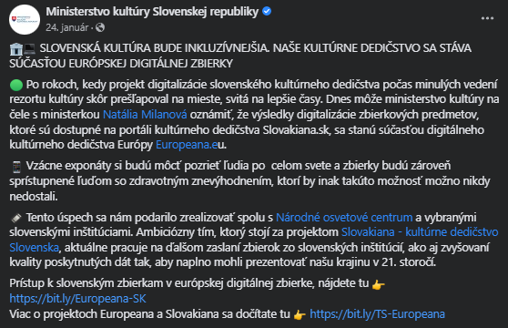 Facebook status Ministerstvo Kultúry Slovenskej Republiky